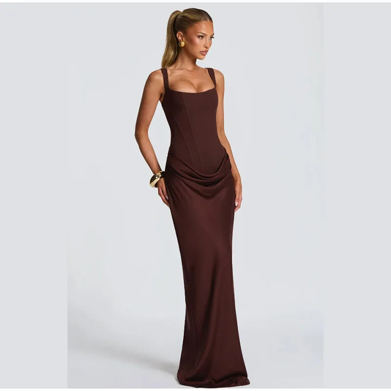 Elegant Solid Corset Sling Pleated Dress Women Brown Sexy Sleeveless Off Shoulder High Waist Maxi Dresses 2025 Lady Party Gown