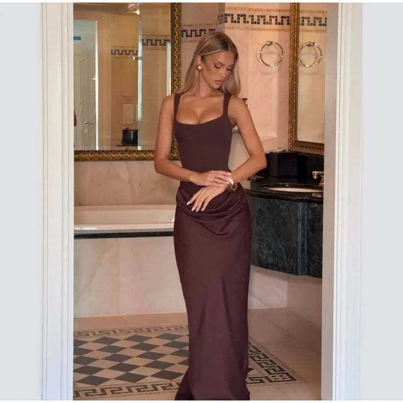 Elegant Solid Corset Sling Pleated Dress Women Brown Sexy Sleeveless Off Shoulder High Waist Maxi Dresses 2025 Lady Party Gown