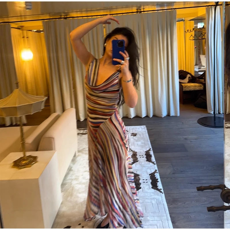Women Rainbow Diagonal Stripe Maxi Dress One Shoulder Strap Slim Bodycon High Slit Knit Vestido Summer Beach Vacation Outfit