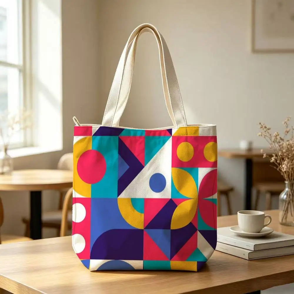Striped Color-Blocking Art Pattern Tote Bag for Women Reusable Shopping Tote Bag Zippered  Bags Print