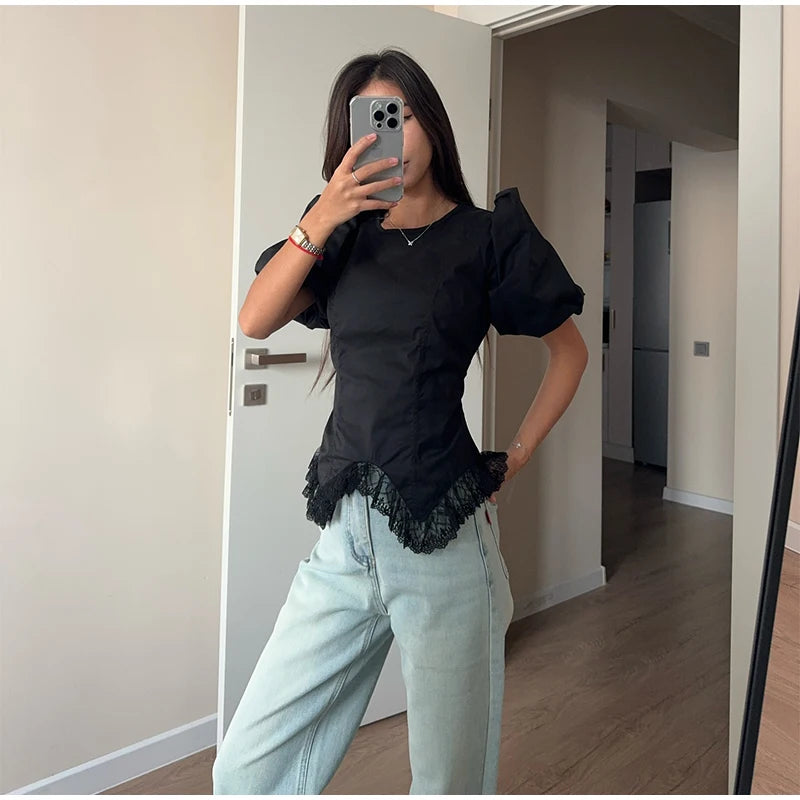 Casual Lace Insert Hem Blouse Women's Puff Sleeve Solid Round Neck Lace Up Zippers Tops 2026 Summer New Lady Fashion Shirt