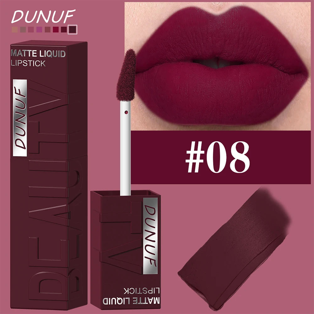 DUNUF Matte Velvet Lip Gloss – Waterproof Plumping Lipstick, 8 Shades