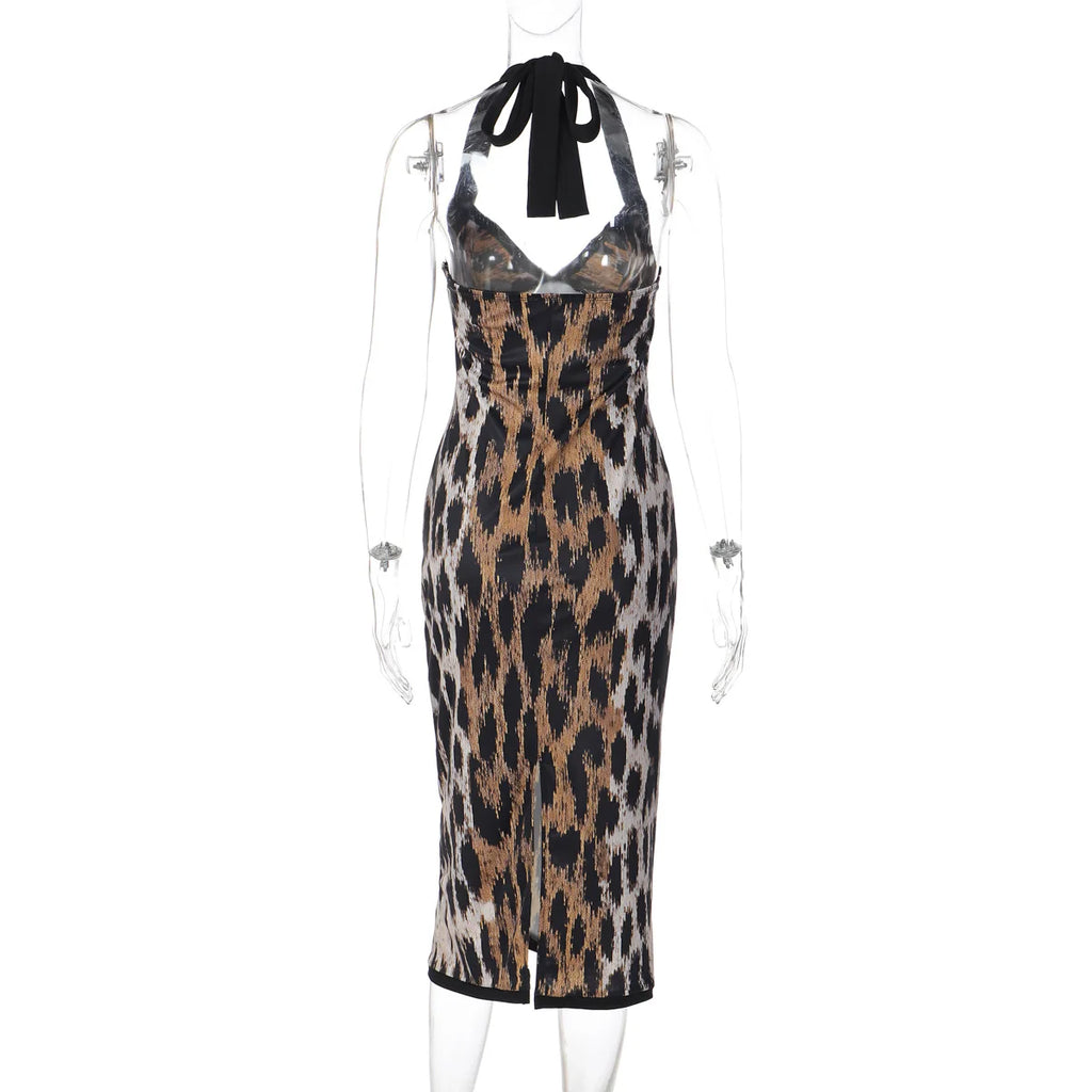 Leopard Halter Bodycon Midi Dress