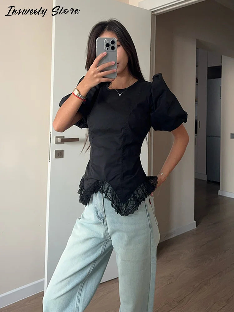 Casual Lace Insert Hem Blouse Women's Puff Sleeve Solid Round Neck Lace Up Zippers Tops 2026 Summer New Lady Fashion Shirt