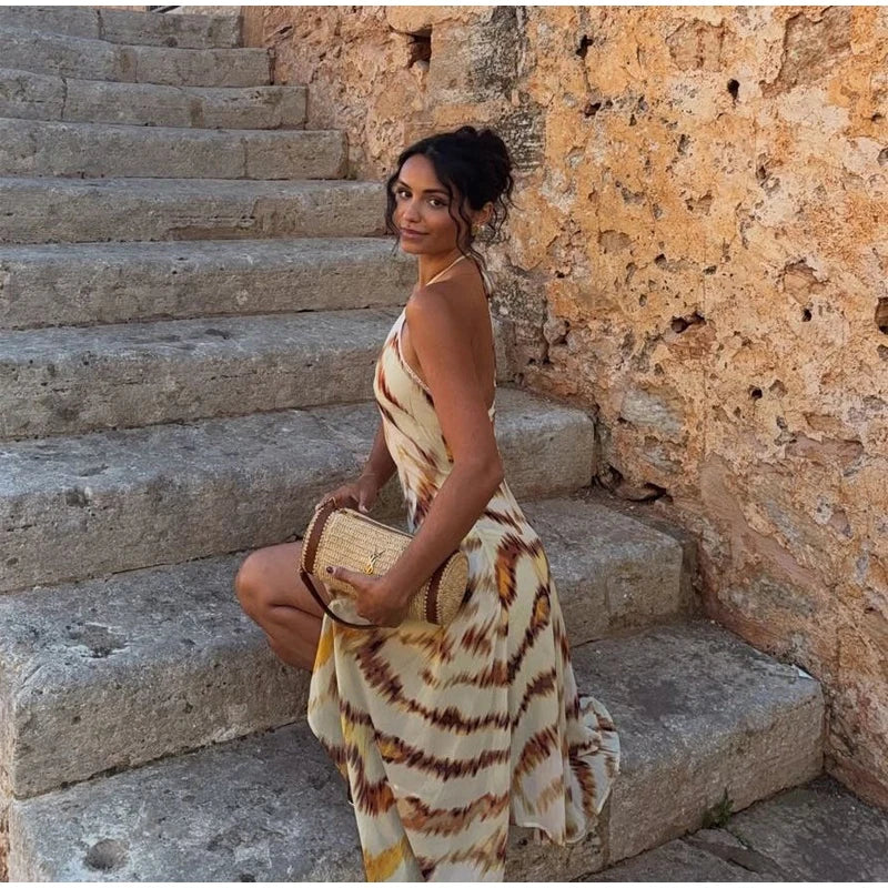 Women Rainbow Diagonal Stripe Maxi Dress One Shoulder Strap Slim Bodycon High Slit Knit Vestido Summer Beach Vacation Outfit