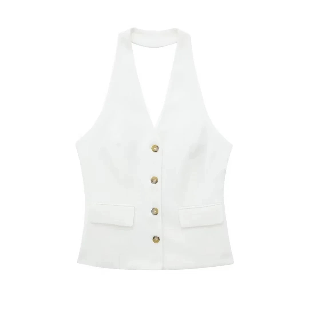 HH Women Fashion Solid Pant Suit Halter Single Breasted Sleeveless Blazer Vest Top Zipper Fly Trousers Office Lady Sets