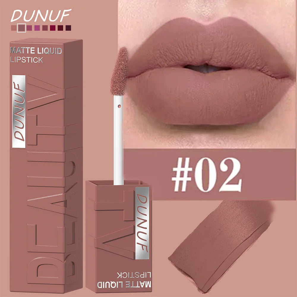 DUNUF Matte Velvet Lip Gloss – Waterproof Plumping Lipstick, 8 Shades