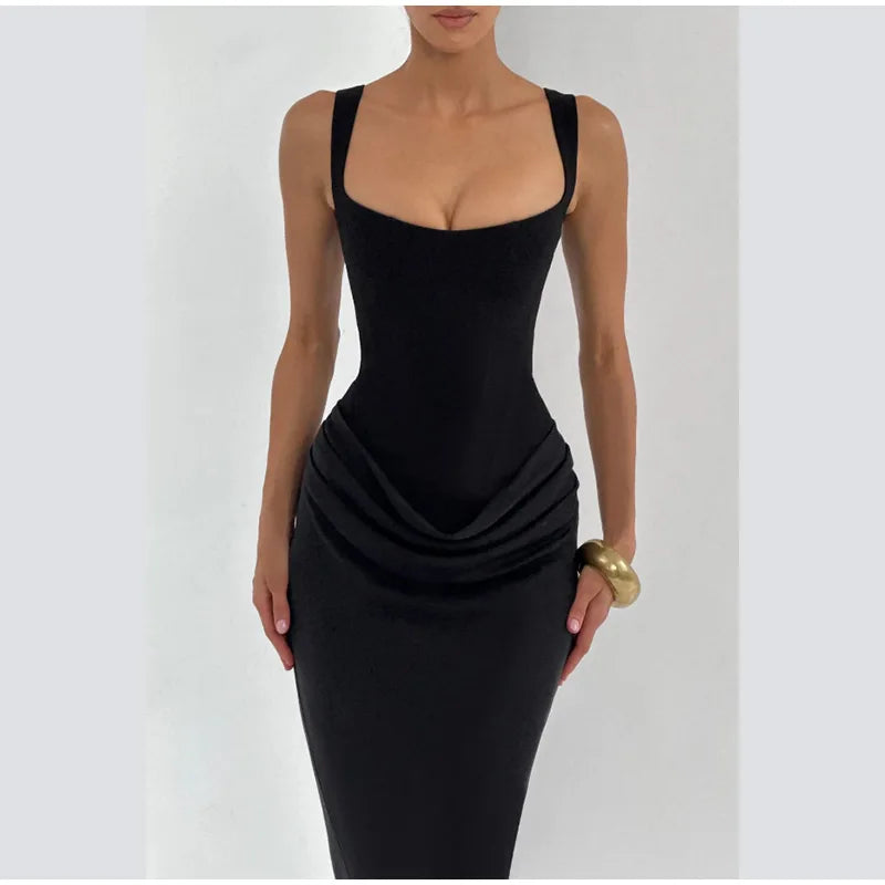 Elegant Solid Corset Sling Pleated Dress Women Brown Sexy Sleeveless Off Shoulder High Waist Maxi Dresses 2025 Lady Party Gown