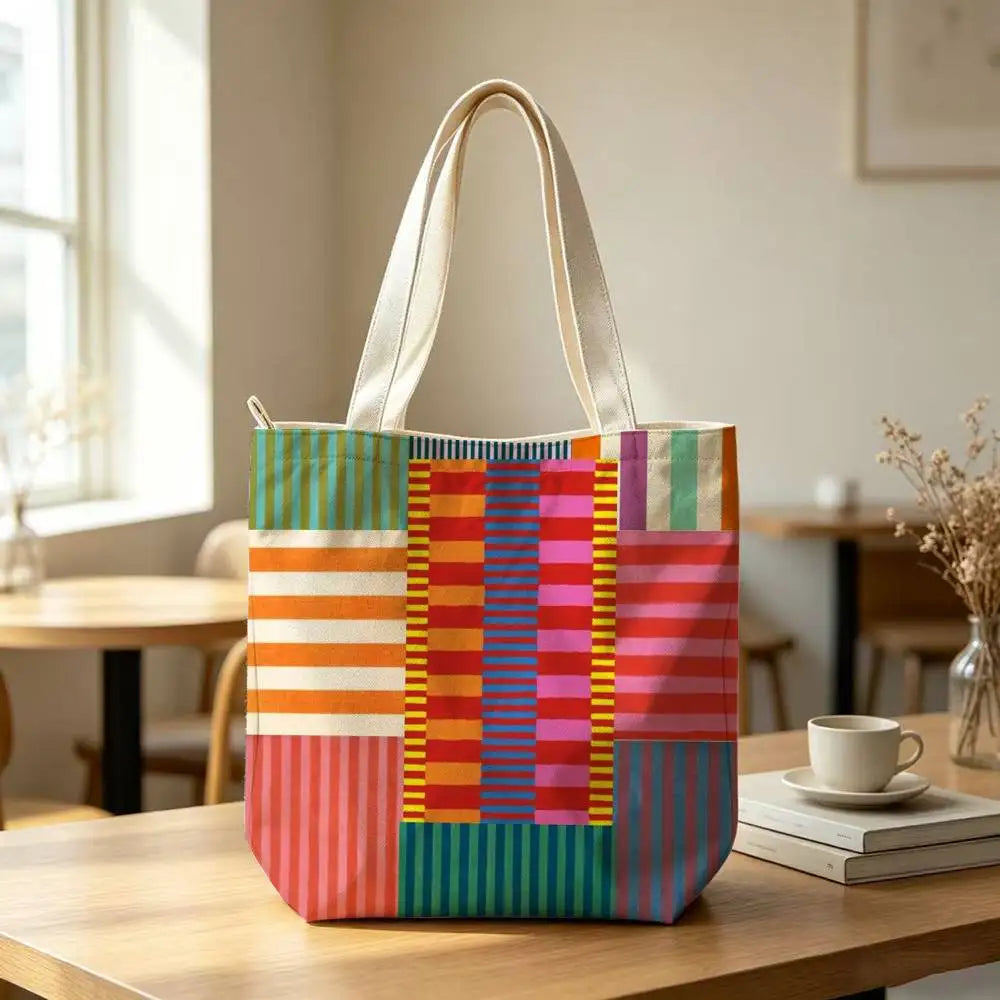 Striped Color-Blocking Art Pattern Tote Bag for Women Reusable Shopping Tote Bag Zippered  Bags Print