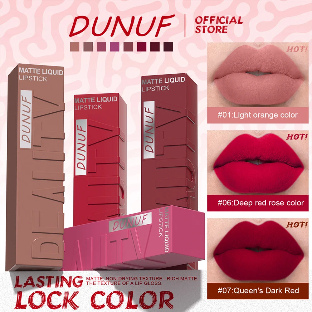 DUNUF Matte Velvet Lip Gloss – Waterproof Plumping Lipstick, 8 Shades