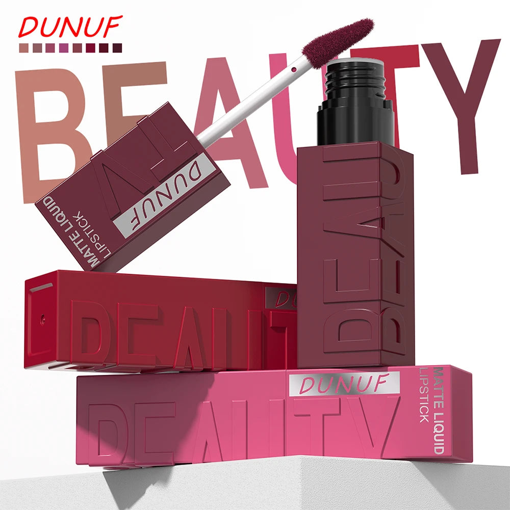 DUNUF Matte Velvet Lip Gloss – Waterproof Plumping Lipstick, 8 Shades