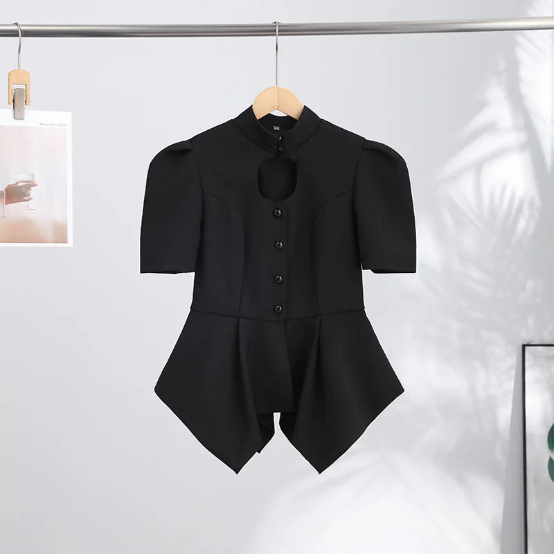 2026 Spring Chic Women Peplum Blazer Elegant High Neck Cutout Puff Sleeves Asymmetric Ruffled Hem Coat Lady Fashion Streetwear