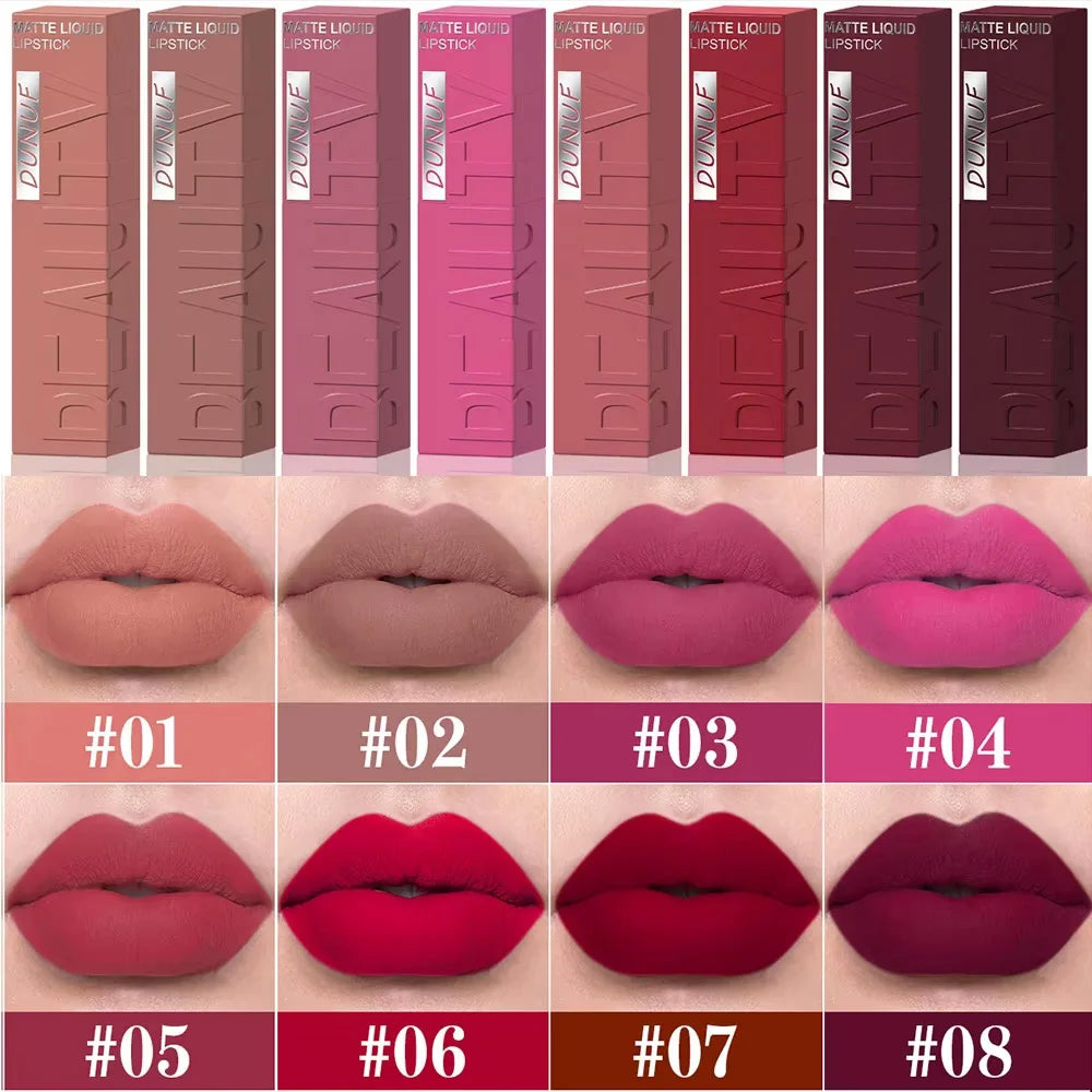 DUNUF Matte Velvet Lip Gloss – Waterproof Plumping Lipstick, 8 Shades