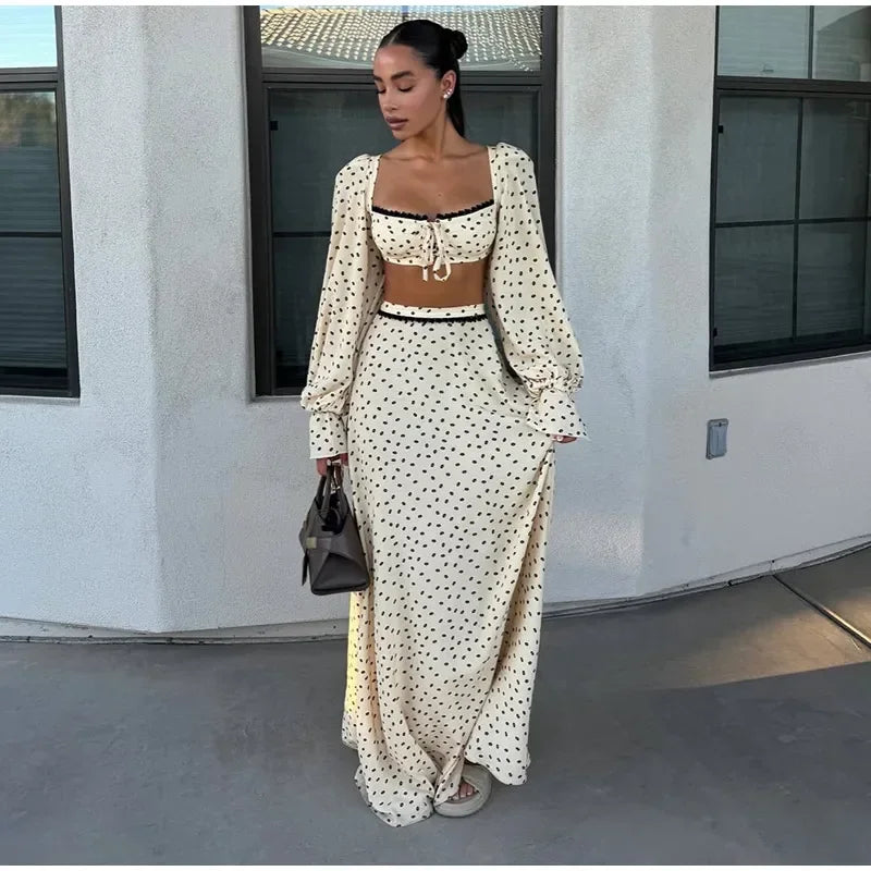 Women's Polka Dot 2-Piece Summer Outfit – Square Neck Lantern Sleeve Crop Top & High-Waist A-Line Maxi Skirt Set