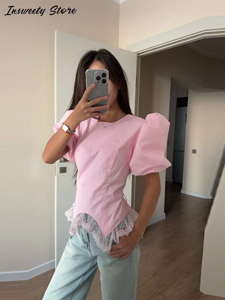 Casual Lace Insert Hem Blouse Women's Puff Sleeve Solid Round Neck Lace Up Zippers Tops 2026 Summer New Lady Fashion Shirt