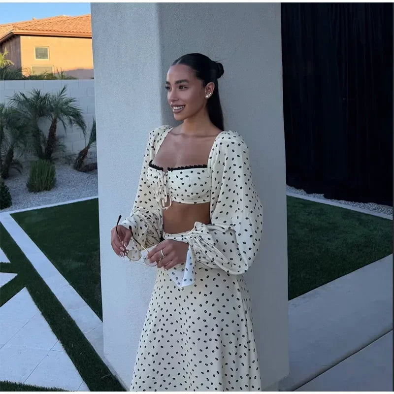 Women's Polka Dot 2-Piece Summer Outfit – Square Neck Lantern Sleeve Crop Top & High-Waist A-Line Maxi Skirt Set