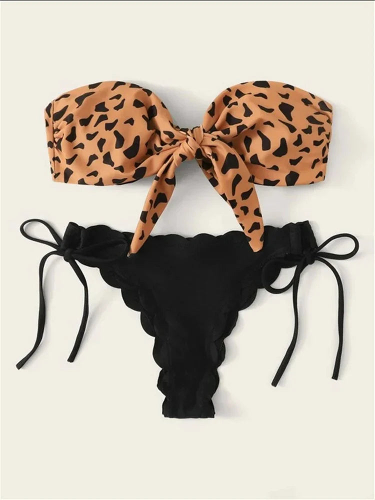 Women’s Leopard Print Push-Up Bikini Set – Sexy Lace-Up Bandeau & Ruffled Thong Swimsuit.