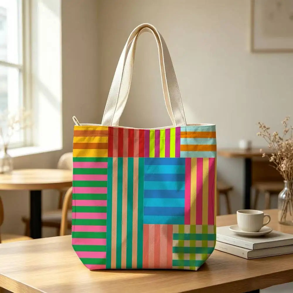 Striped Color-Blocking Art Pattern Tote Bag for Women Reusable Shopping Tote Bag Zippered  Bags Print