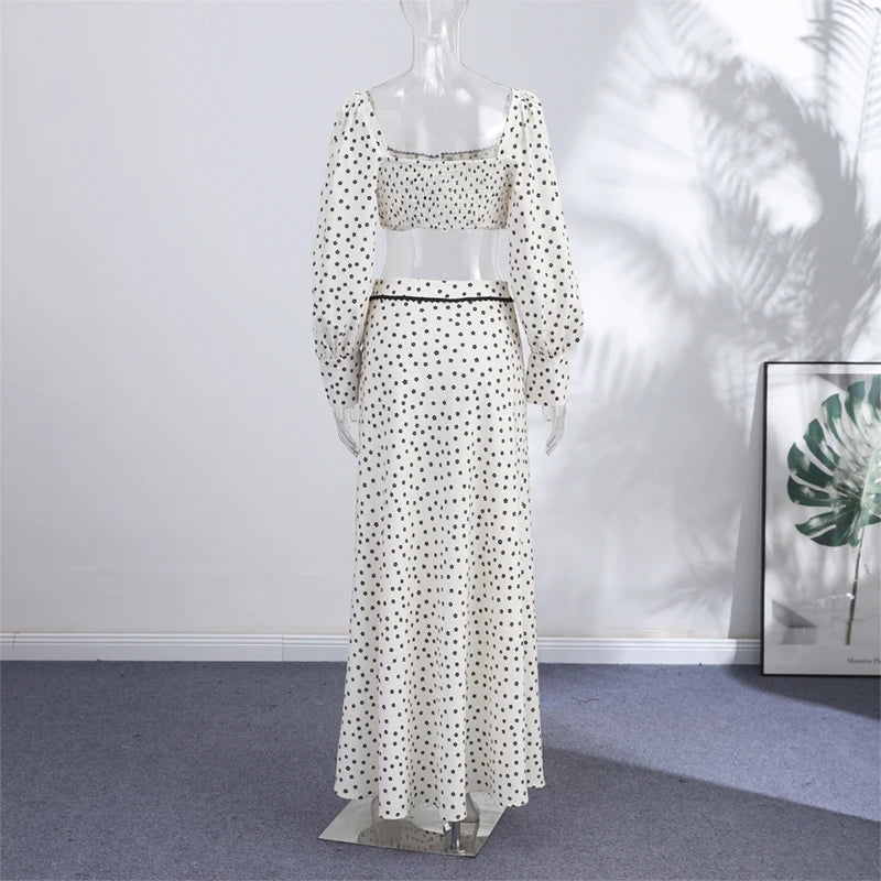 Women's Polka Dot 2-Piece Summer Outfit – Square Neck Lantern Sleeve Crop Top & High-Waist A-Line Maxi Skirt Set