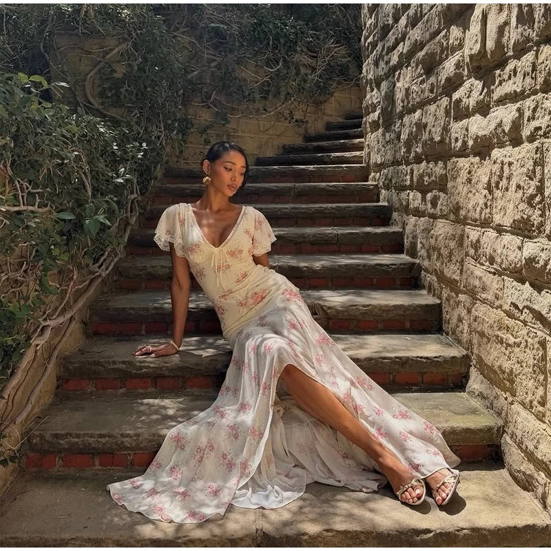 Floral V-Neck Fishtail Maxi Dress!