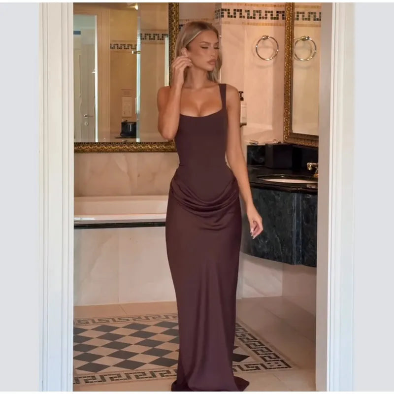 Elegant Solid Corset Sling Pleated Dress Women Brown Sexy Sleeveless Off Shoulder High Waist Maxi Dresses 2025 Lady Party Gown