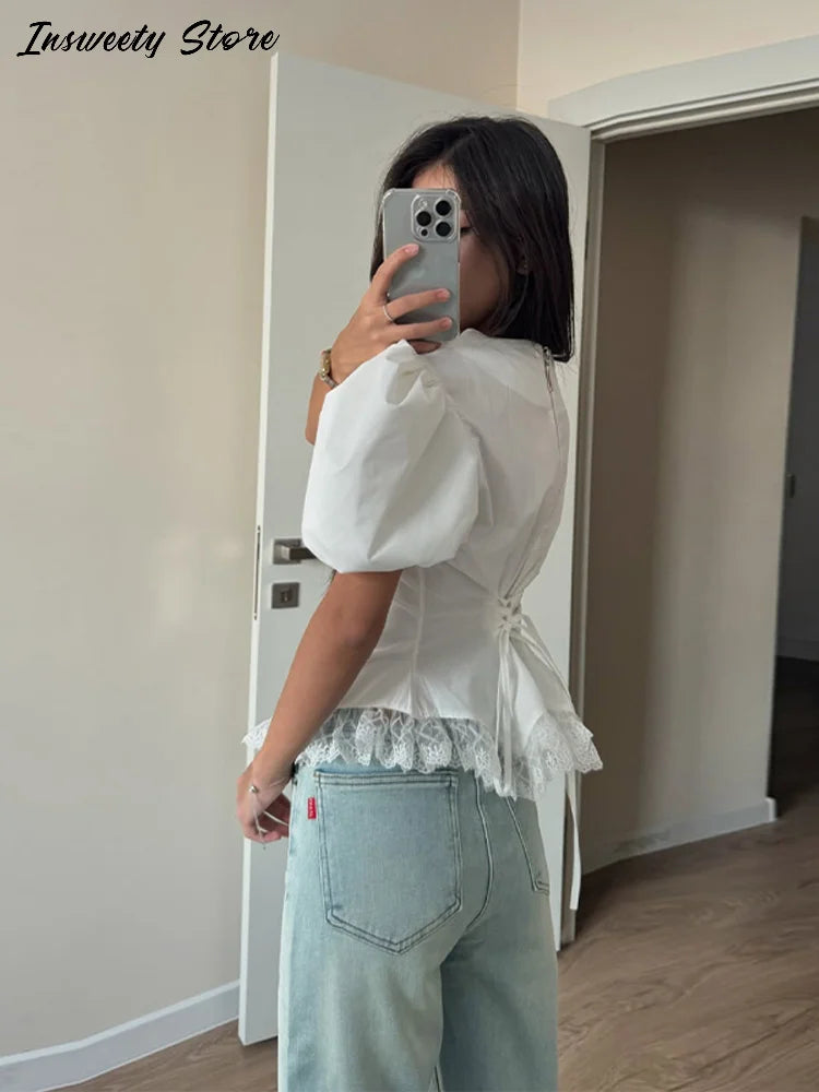 Casual Lace Insert Hem Blouse Women's Puff Sleeve Solid Round Neck Lace Up Zippers Tops 2026 Summer New Lady Fashion Shirt
