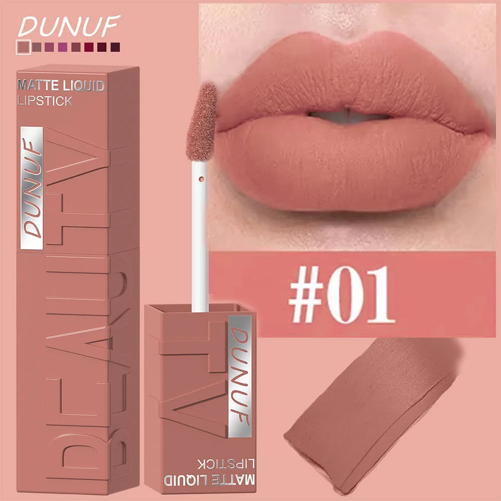 DUNUF Matte Velvet Lip Gloss – Waterproof Plumping Lipstick, 8 Shades