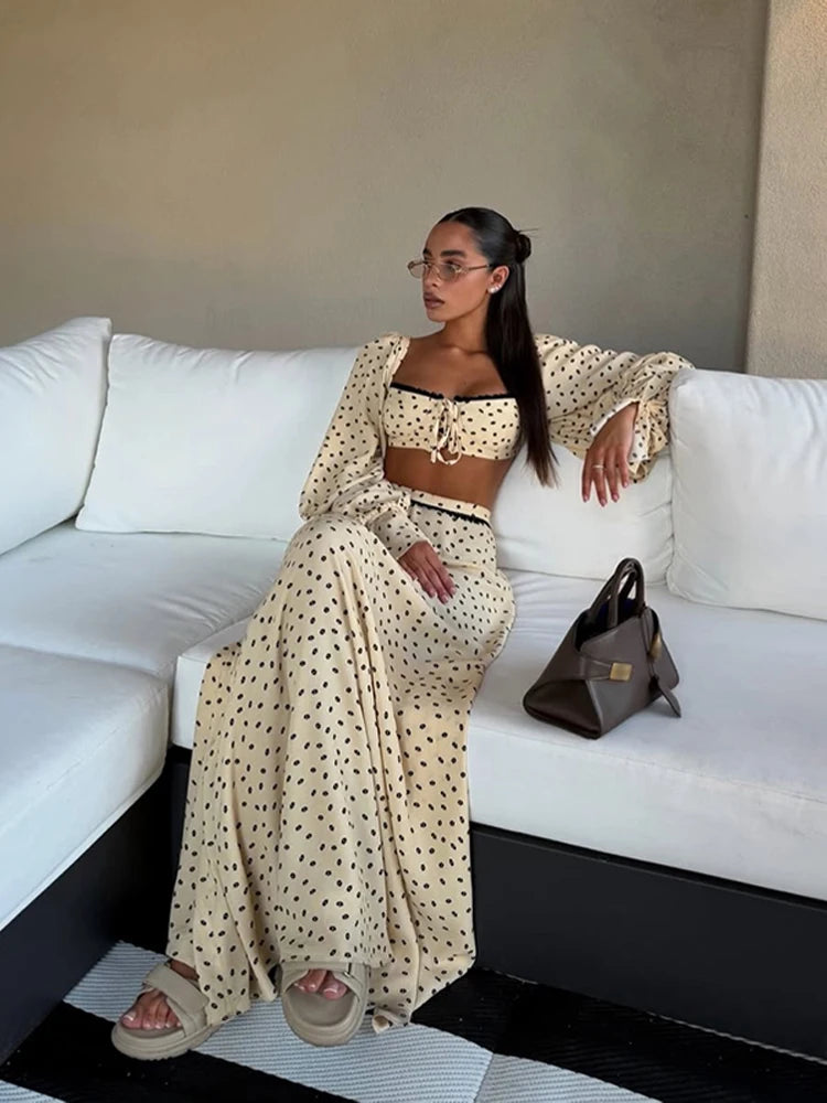 Women's Polka Dot 2-Piece Summer Outfit – Square Neck Lantern Sleeve Crop Top & High-Waist A-Line Maxi Skirt Set