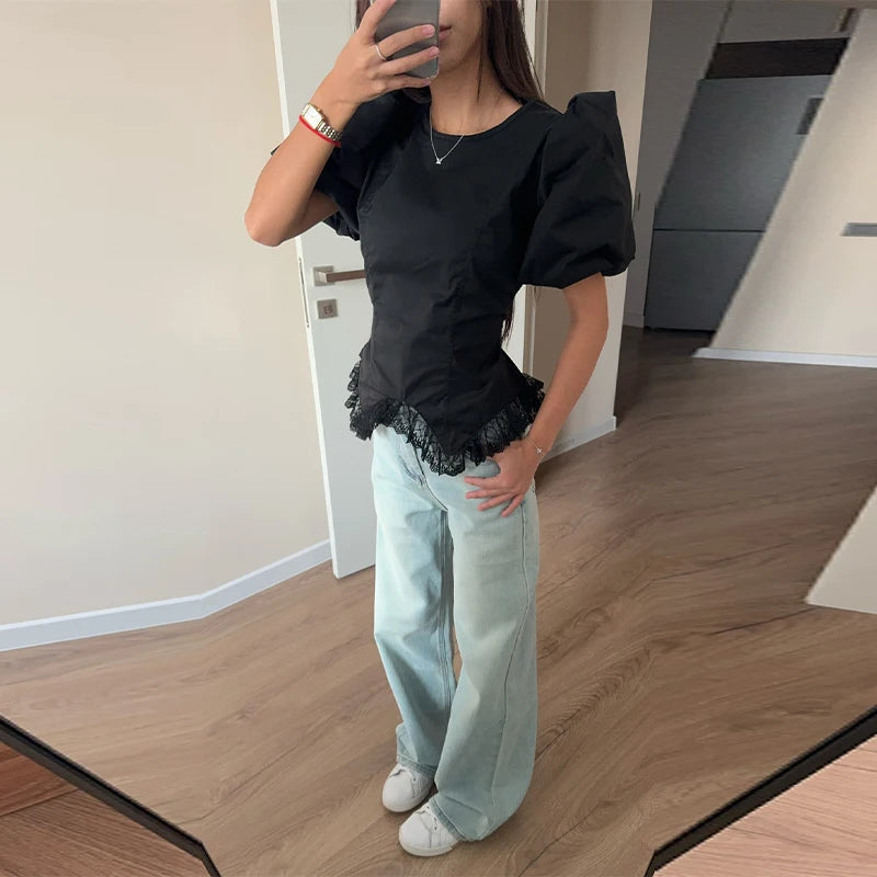 Casual Lace Insert Hem Blouse Women's Puff Sleeve Solid Round Neck Lace Up Zippers Tops 2026 Summer New Lady Fashion Shirt