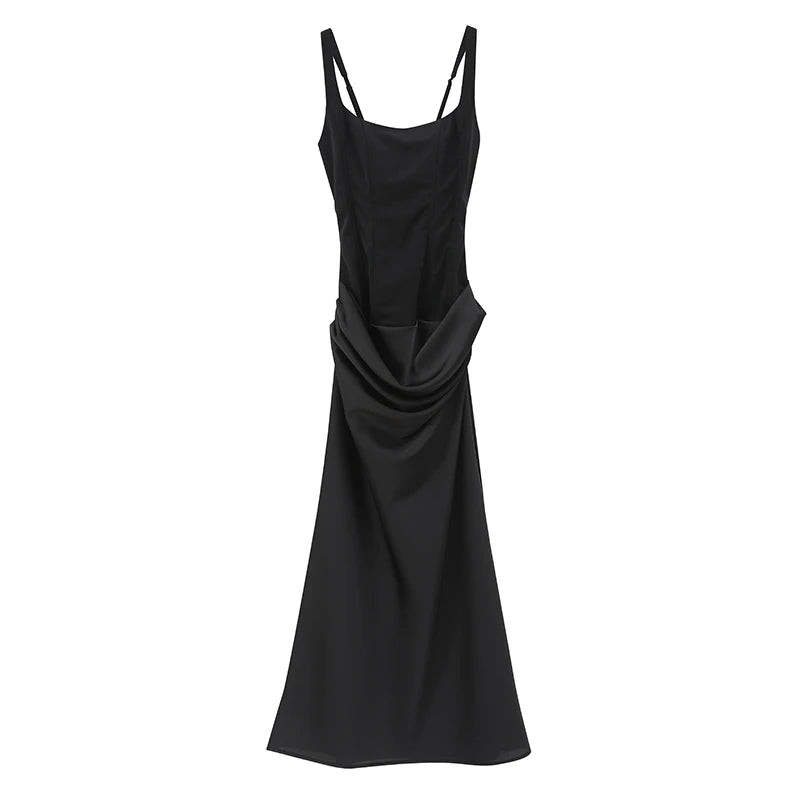Elegant Solid Corset Sling Pleated Dress Women Brown Sexy Sleeveless Off Shoulder High Waist Maxi Dresses 2025 Lady Party Gown