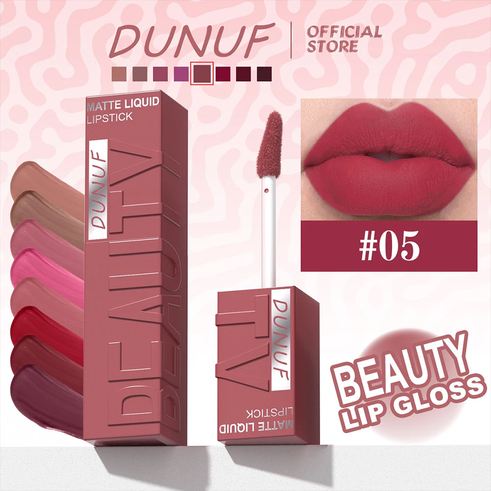 DUNUF Matte Velvet Lip Gloss – Waterproof Plumping Lipstick, 8 Shades