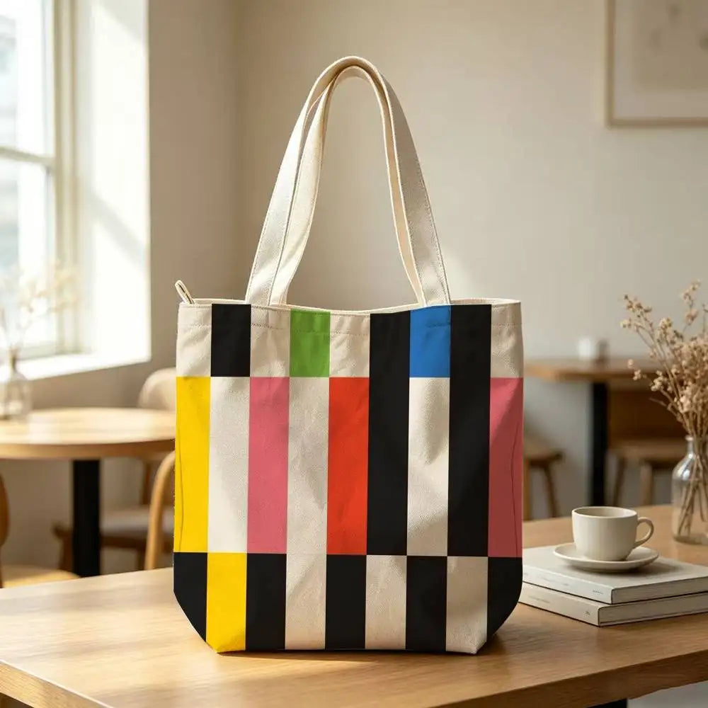 Striped Color-Blocking Art Pattern Tote Bag for Women Reusable Shopping Tote Bag Zippered  Bags Print