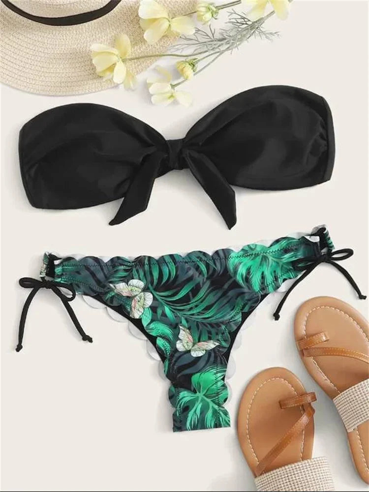 Women’s Leopard Print Push-Up Bikini Set – Sexy Lace-Up Bandeau & Ruffled Thong Swimsuit.