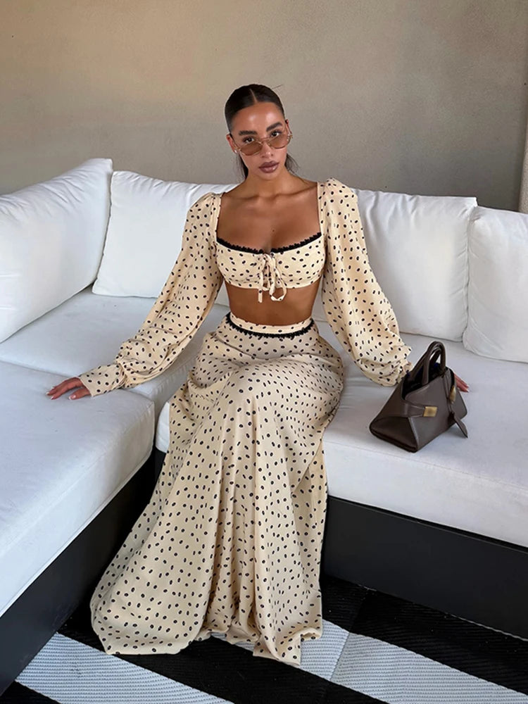 Women's Polka Dot 2-Piece Summer Outfit – Square Neck Lantern Sleeve Crop Top & High-Waist A-Line Maxi Skirt Set