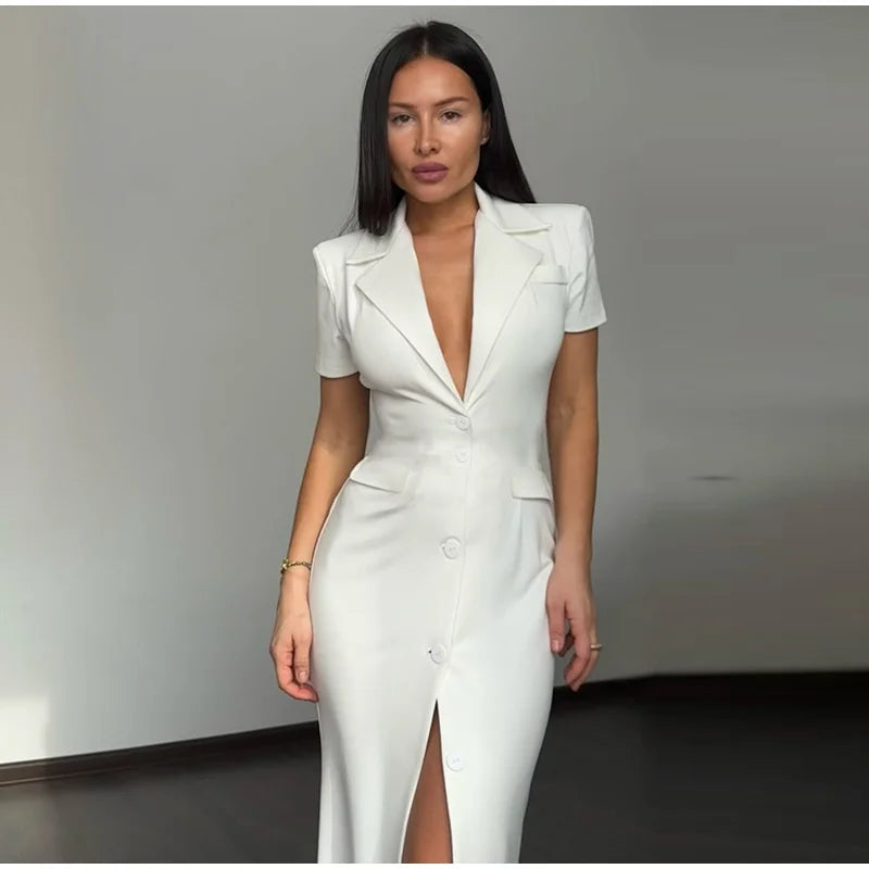 Elegant Single-breasted Blazers Dress 2026 Summer New Slim Waist-cinching Short Sleeve Lapel Long Robes Women's Solid Streetwear