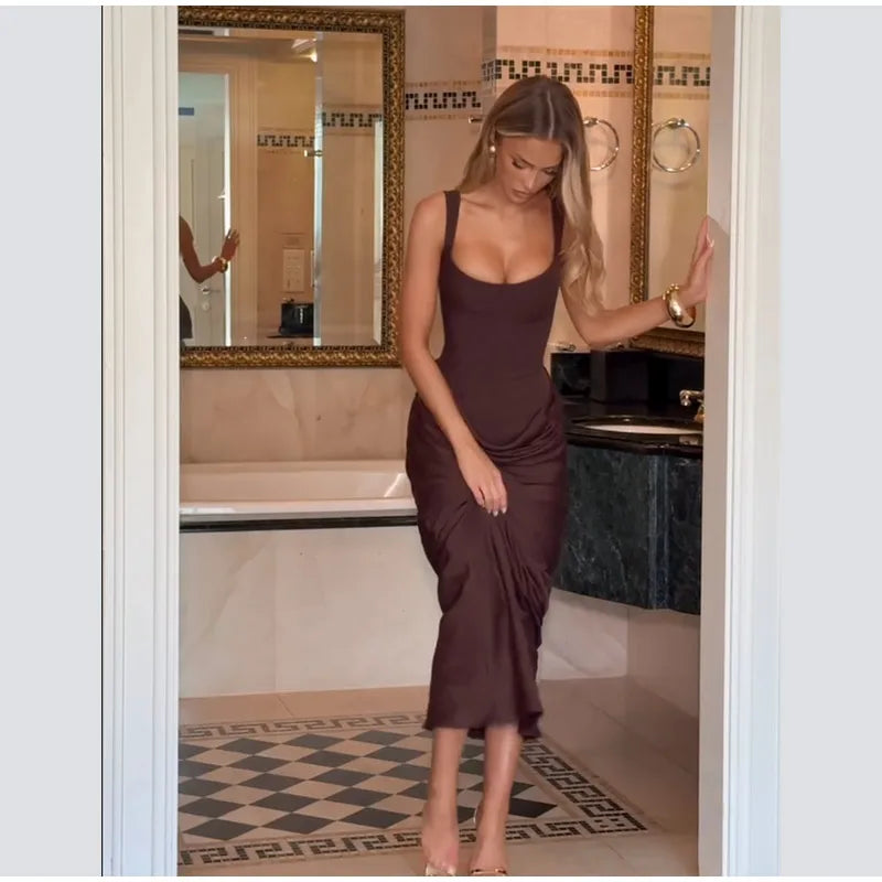Elegant Solid Corset Sling Pleated Dress Women Brown Sexy Sleeveless Off Shoulder High Waist Maxi Dresses 2025 Lady Party Gown