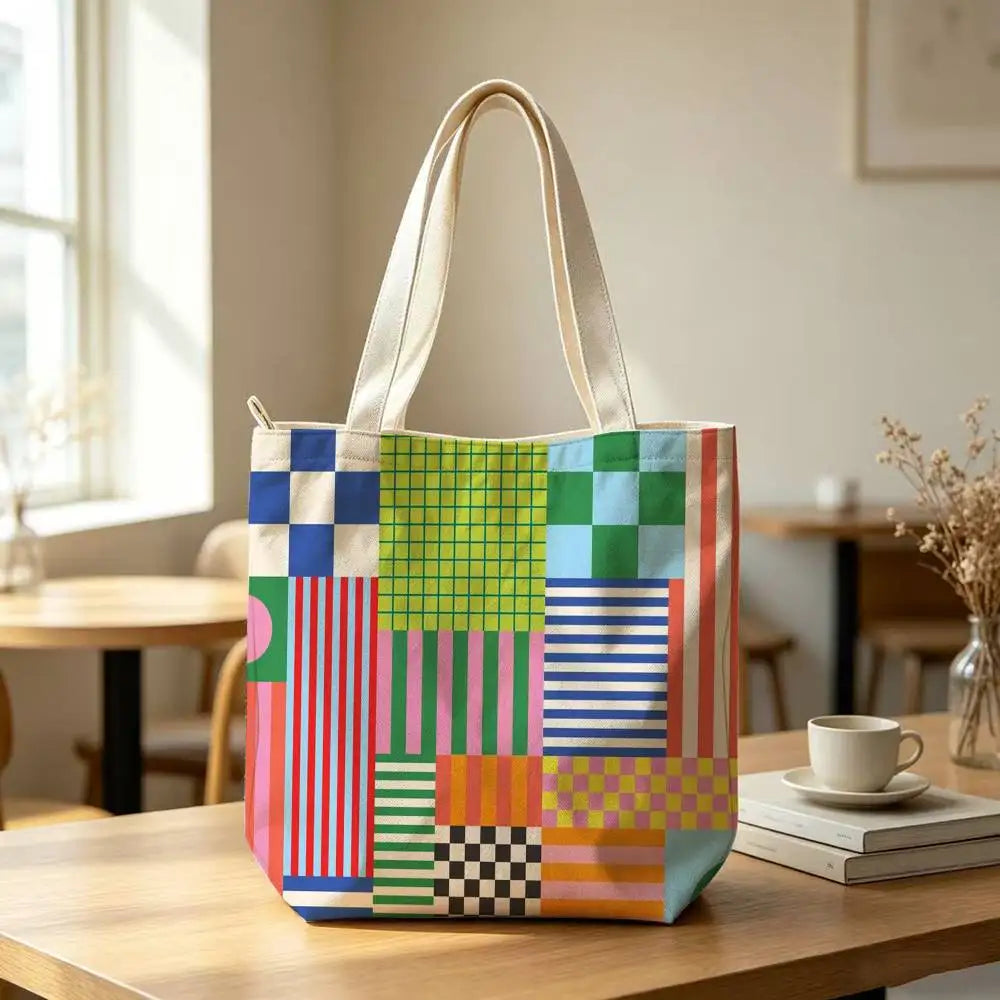 Striped Color-Blocking Art Pattern Tote Bag for Women Reusable Shopping Tote Bag Zippered  Bags Print