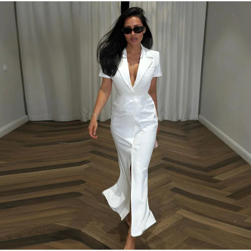 Elegant Single-breasted Blazers Dress 2026 Summer New Slim Waist-cinching Short Sleeve Lapel Long Robes Women's Solid Streetwear