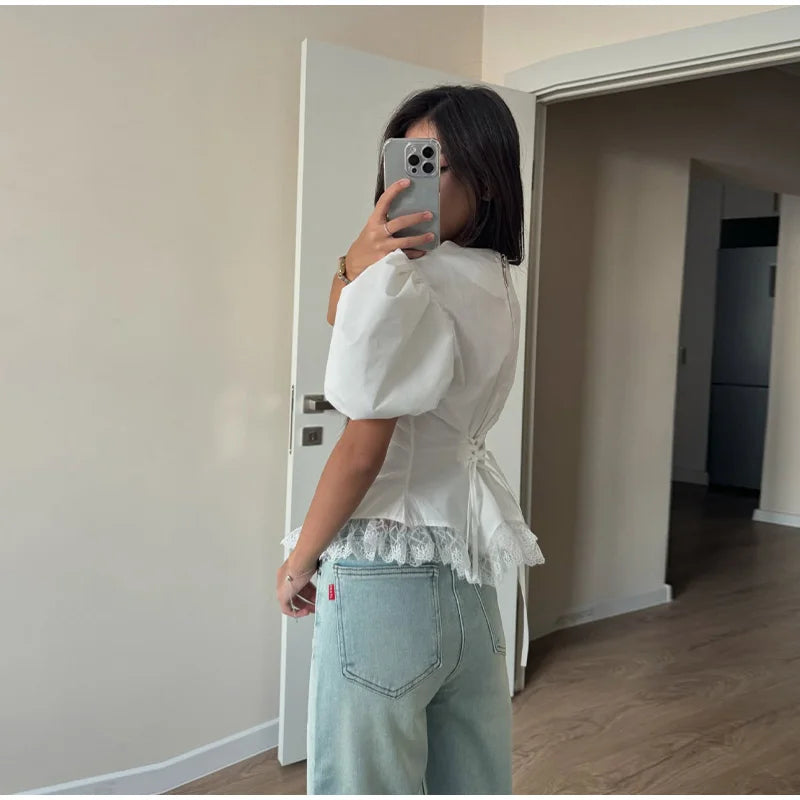 Casual Lace Insert Hem Blouse Women's Puff Sleeve Solid Round Neck Lace Up Zippers Tops 2026 Summer New Lady Fashion Shirt