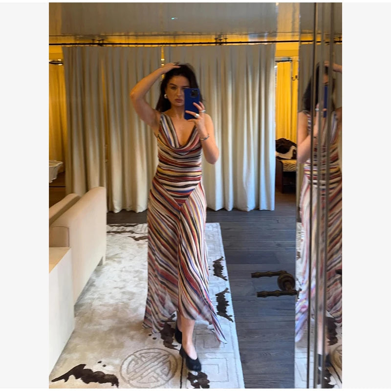 Women Rainbow Diagonal Stripe Maxi Dress One Shoulder Strap Slim Bodycon High Slit Knit Vestido Summer Beach Vacation Outfit