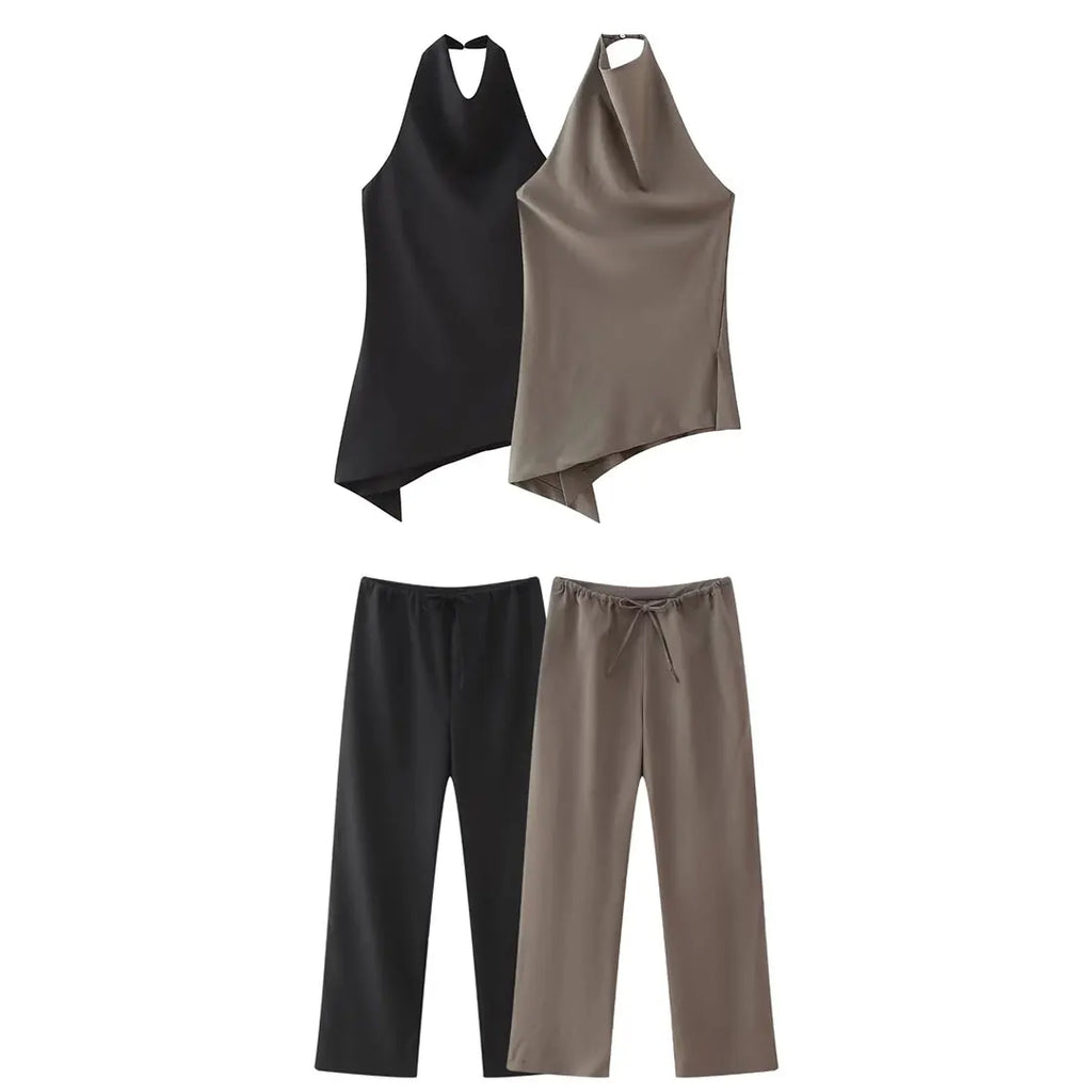 HH Women Vintage Solid Pant Sets Sexy Backless Halter Camis Top Asymmetric Tank Top + Drawstring Trousers Fashion Streetwear
