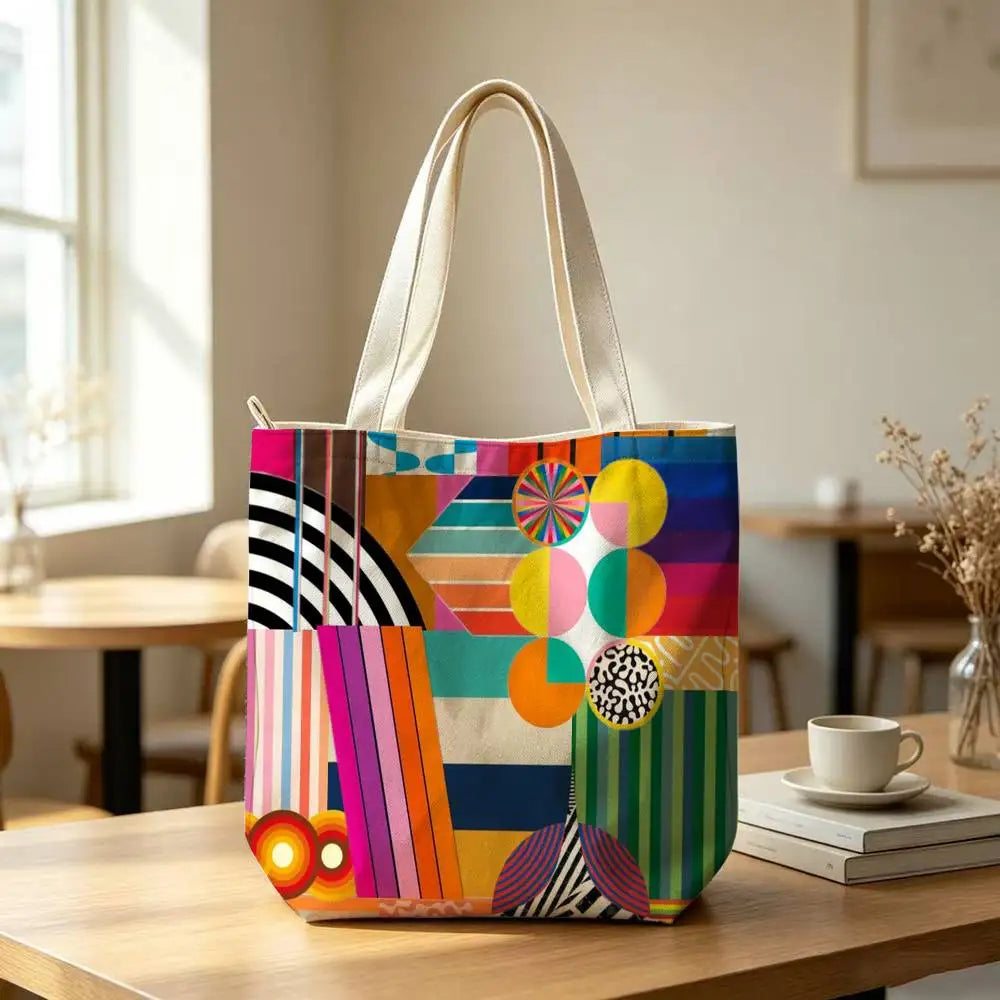 Striped Color-Blocking Art Pattern Tote Bag for Women Reusable Shopping Tote Bag Zippered  Bags Print