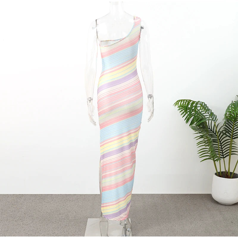 Women Rainbow Diagonal Stripe Maxi Dress One Shoulder Strap Slim Bodycon High Slit Knit Vestido Summer Beach Vacation Outfit