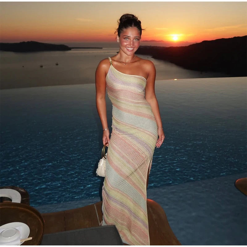 Women Rainbow Diagonal Stripe Maxi Dress One Shoulder Strap Slim Bodycon High Slit Knit Vestido Summer Beach Vacation Outfit