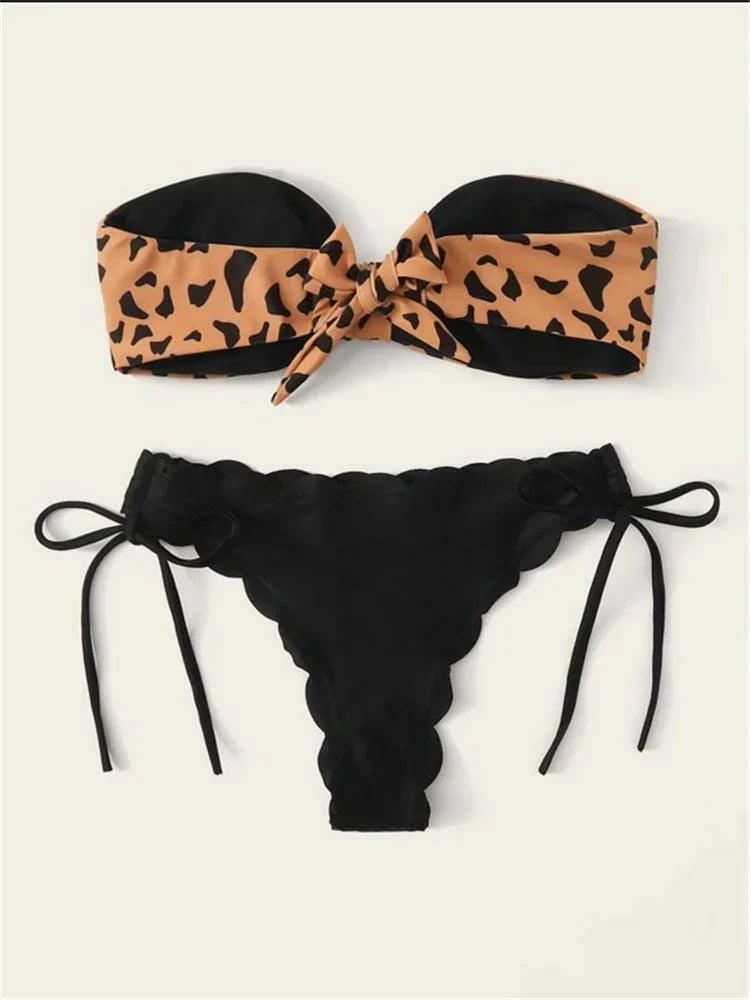 Women’s Leopard Print Push-Up Bikini Set – Sexy Lace-Up Bandeau & Ruffled Thong Swimsuit.