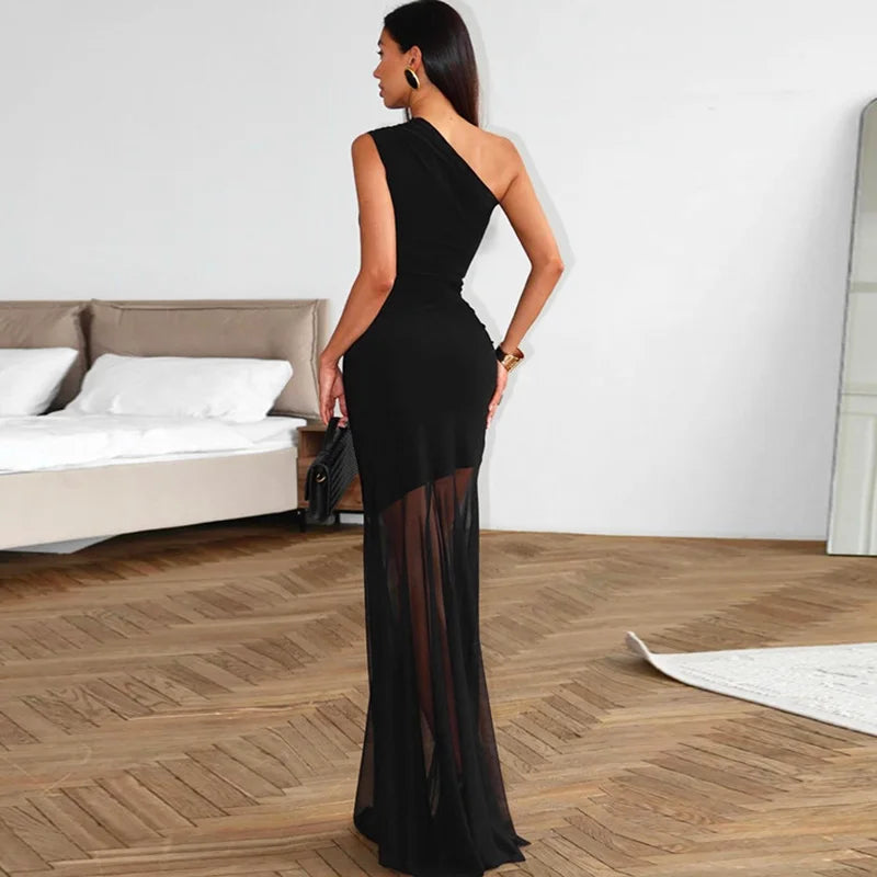 Sheer Off-Shoulder Backless Maxi Dress