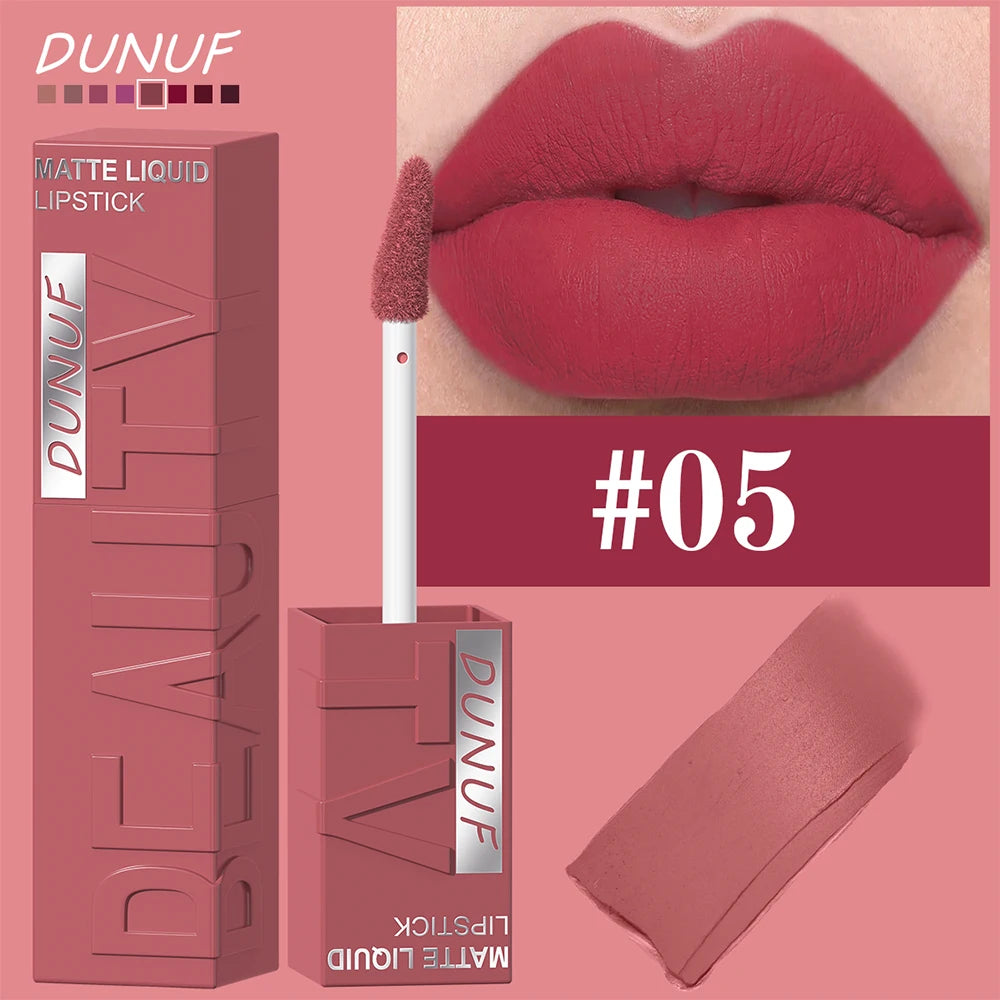 DUNUF Matte Velvet Lip Gloss – Waterproof Plumping Lipstick, 8 Shades