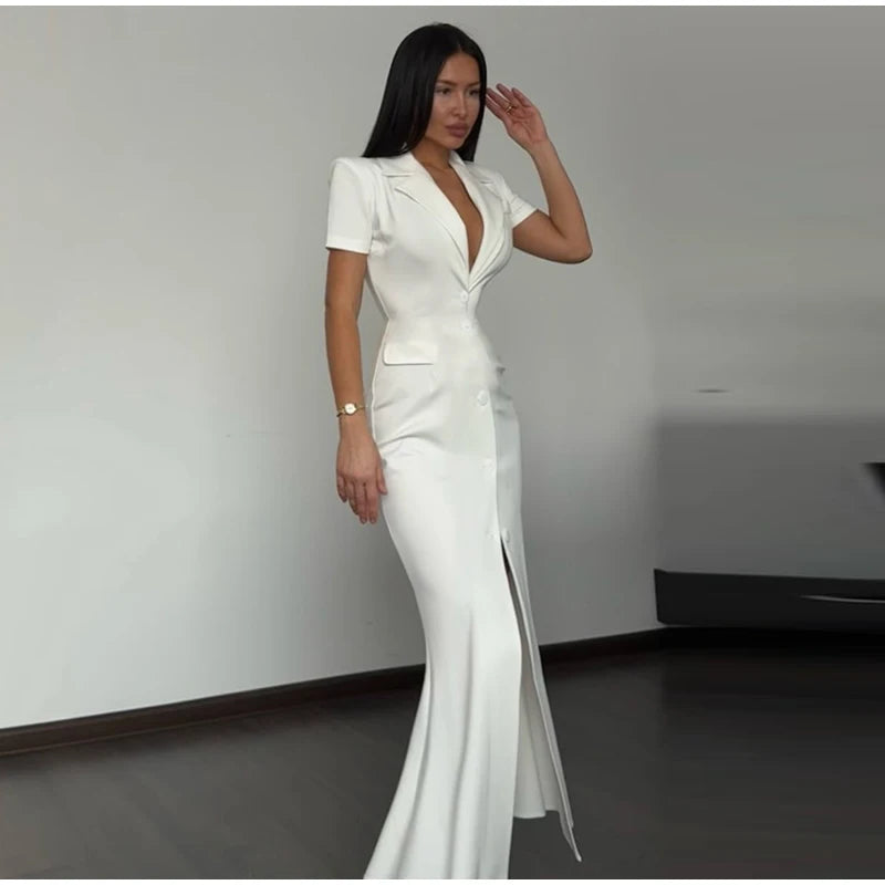 Elegant Single-breasted Blazers Dress 2026 Summer New Slim Waist-cinching Short Sleeve Lapel Long Robes Women's Solid Streetwear