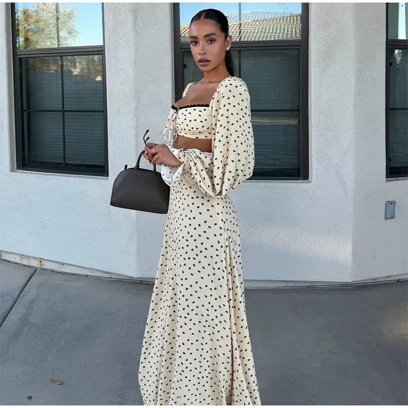 Women's Polka Dot 2-Piece Summer Outfit – Square Neck Lantern Sleeve Crop Top & High-Waist A-Line Maxi Skirt Set