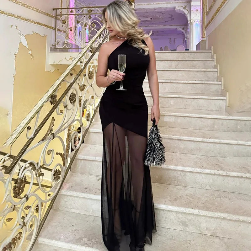 Sheer Off-Shoulder Backless Maxi Dress
